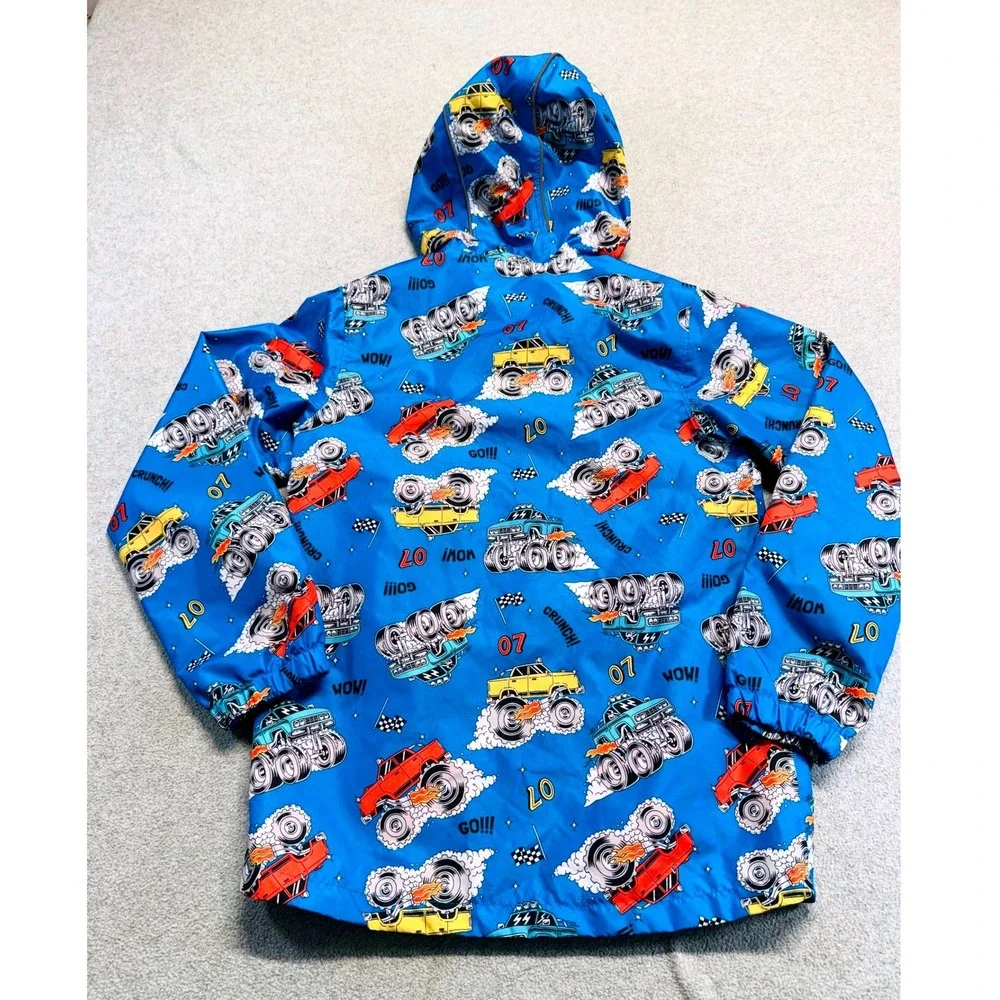 L&D Monster Truck Windbreaker Kids Medium 8-10 Blue Hooded Racing Jacket School